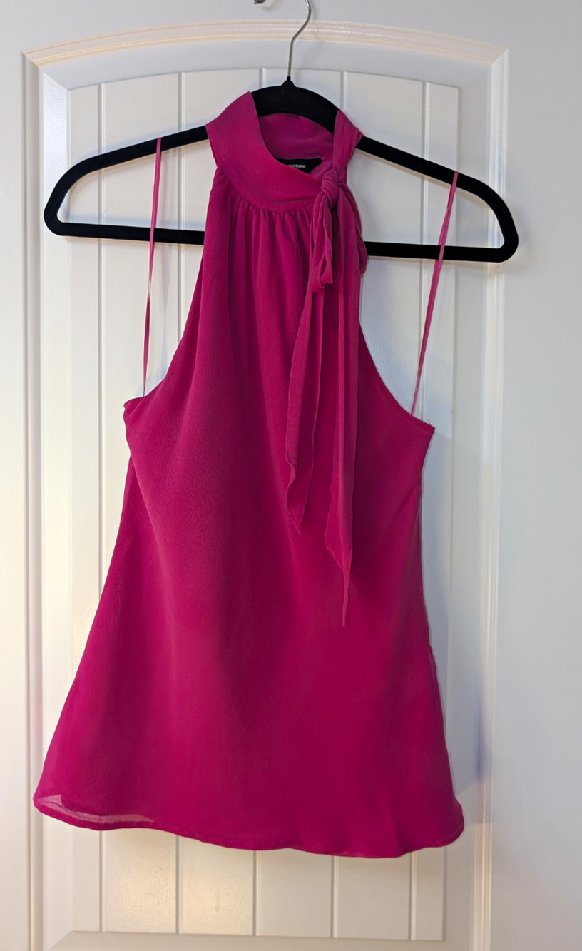 Express Design Studio Womens S 100% Silk Fuchsia Pink Halter Tie Neck Blouse